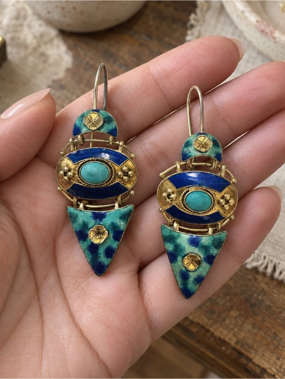 Vintage Shashi Thousand Flowers Turquoise Enamel Dangle Earrings